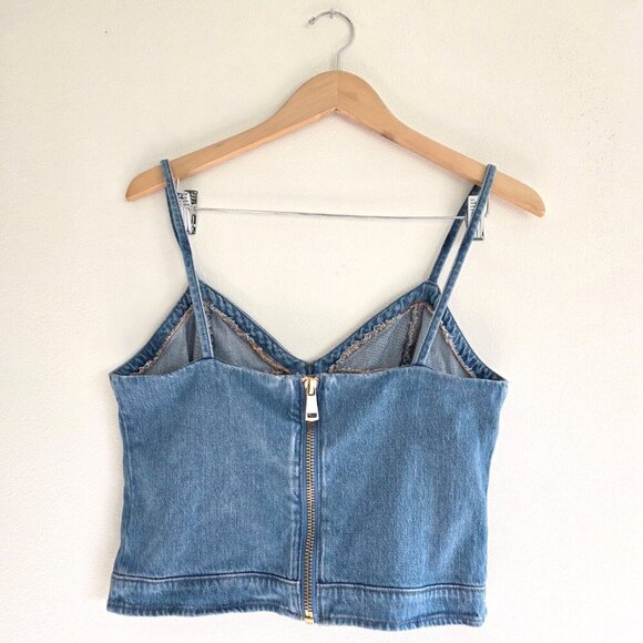 Express Denim Crop Corset Top Sweetheart Neckline Zipper Back Spaghetti Straps - Picture 7 of 11